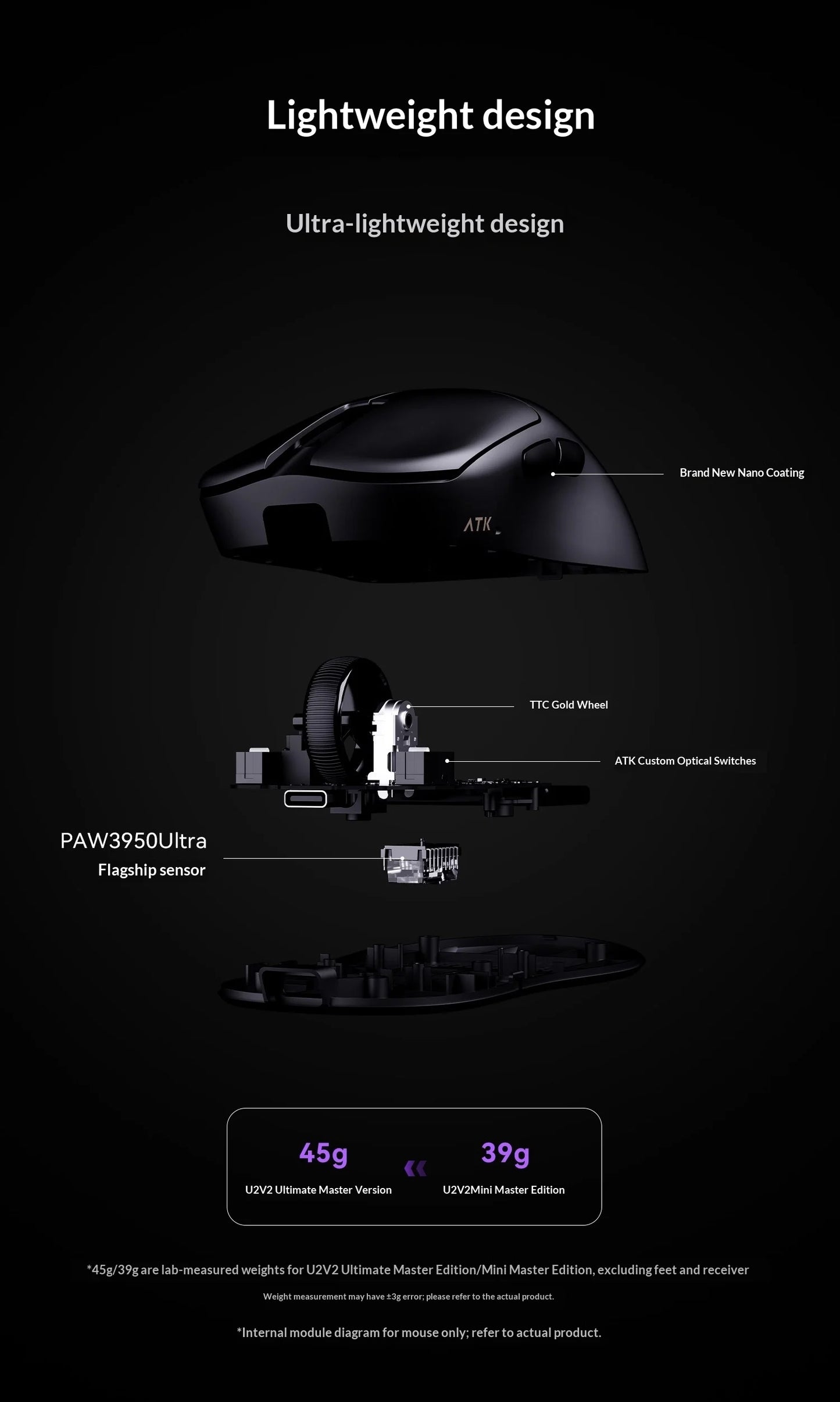 ATK U2 V2 Mini Ultimate Wireless Gaming Mouse, PAW3950 Ultra Sensor, 8KHz Polling Rate, Lightweight Tri-Mode Ergonomic Esports Mouse