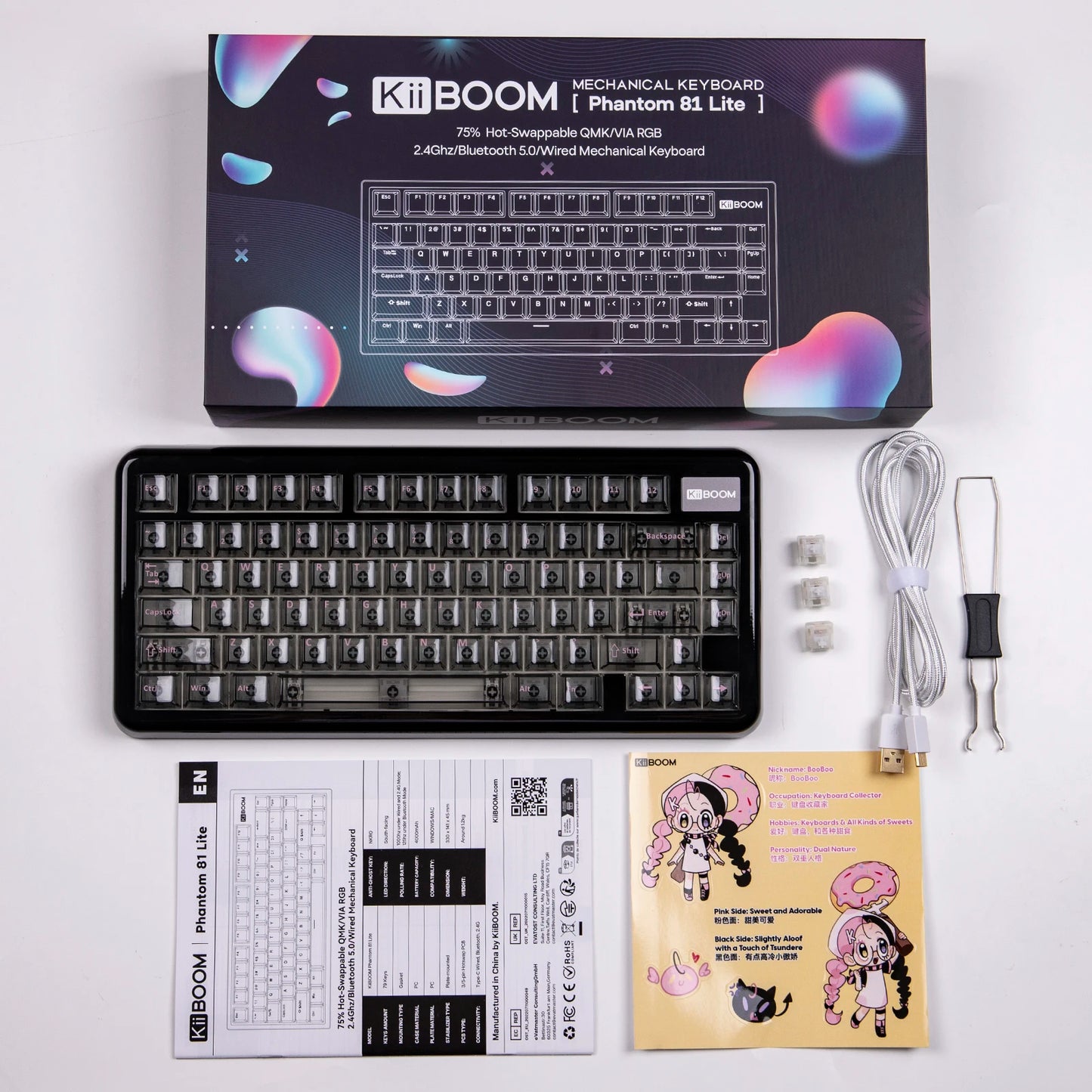KiiBOOM Phantom81 Lite QMK/VIA 75% Hot-Swap Gasket Wired/BT/2.4GHz Wireless Mechanical Keyboard ABS Case+UV Tech RGB Backlights