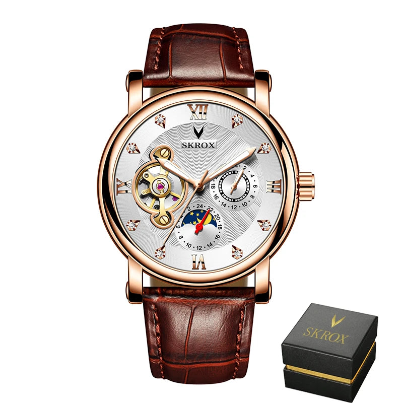 Luksusowy męski zegarek mechaniczny z automatycznym naciągiem, sygnowany przez renomowaną markę, wyposażony w tourbillon, wskaźnik faz księżyca i diamenty – elegancki zegarek na rękę.