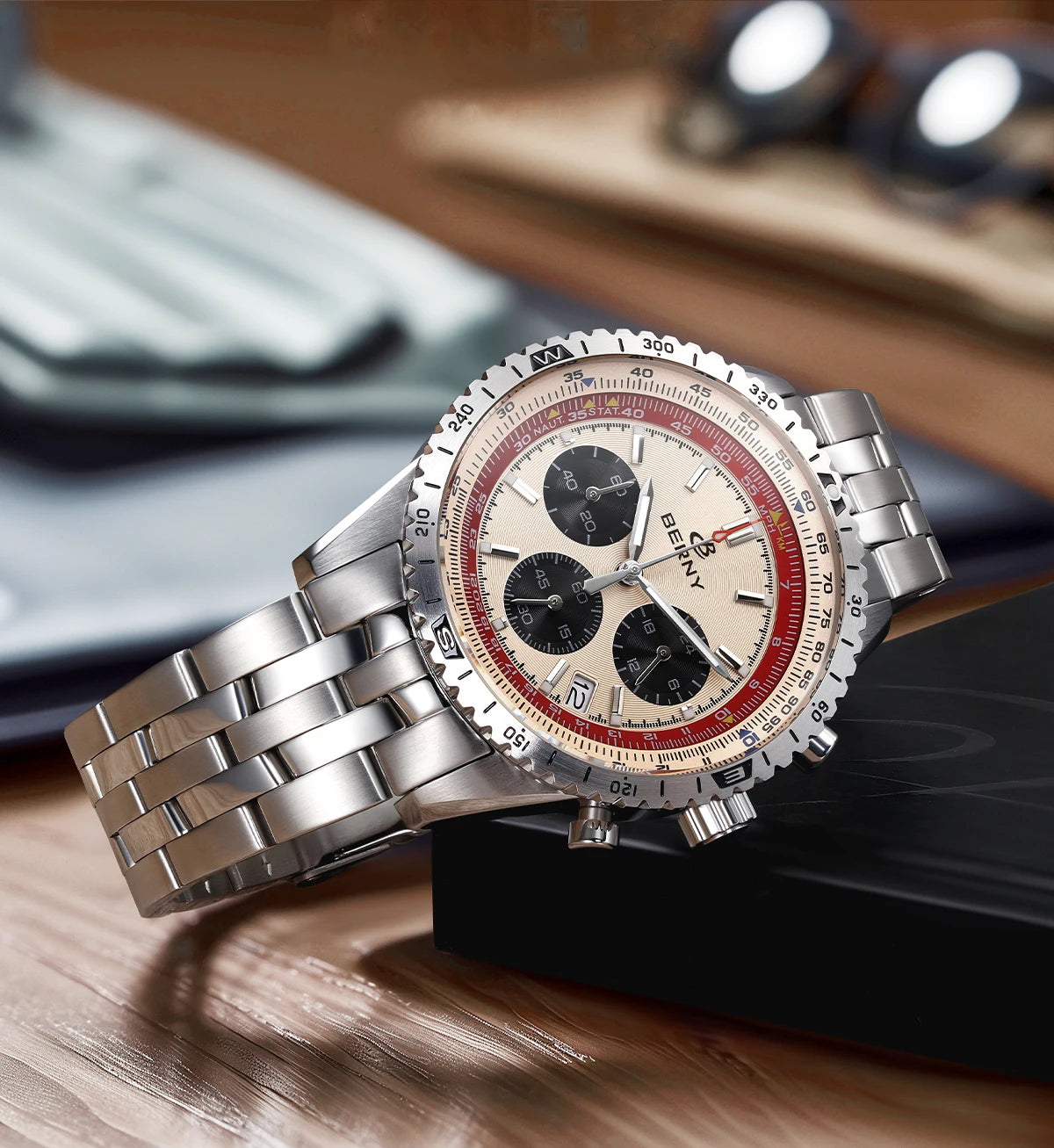BERNY Chronograph Watches for Men Aviation Multifunction Quartz Men's Watch Date Sapphire Super Luminous Luxury Wristwatch