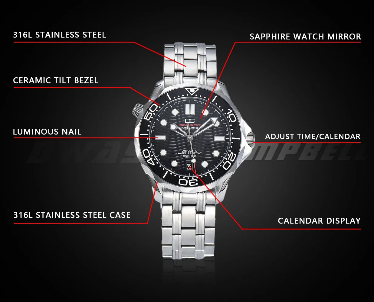 DWAYNE CAMPBELL Reloj mecánico automático de lujo para hombre NH35, bisel de cerámica, resistente al agua, reloj de pulsera clásico de negocios