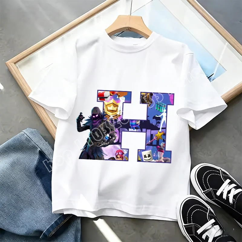 Тениска Fortnite A-Z Alphabet Print за деца, лятна бяла дреха, популярна тениска с анимационна игра, модерен ежедневен топ с къс ръкав, подарък