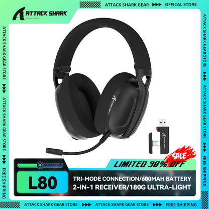 Cuffie gaming ATTACK SHARK L80 ultra leggere 180g – Wireless tri-mode (Bluetooth 5.3 / 2.4G / cablate), audio surround 5.1, driver da 40mm, microfono rimovibile