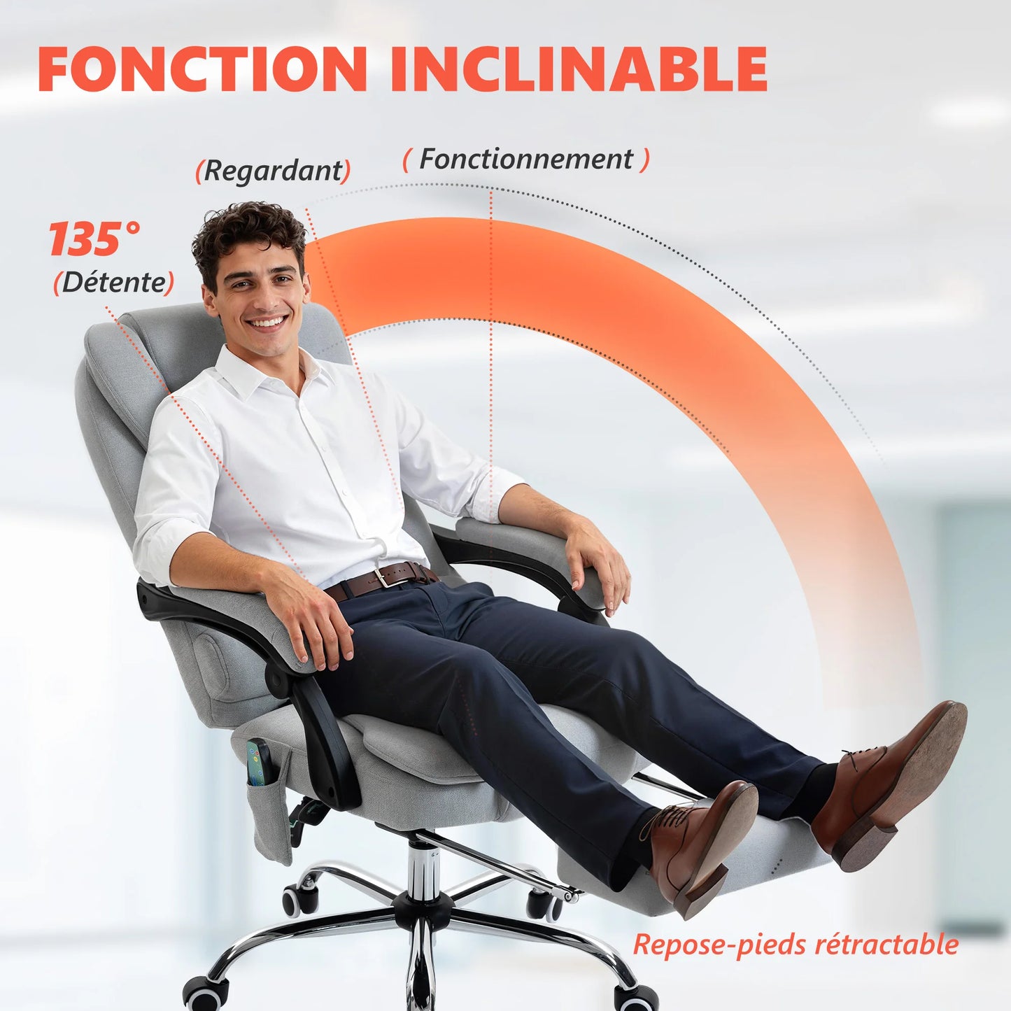 Massage and heated office chair, office chair, adjustable height, reclining back, 65x70x111-119cm, gray