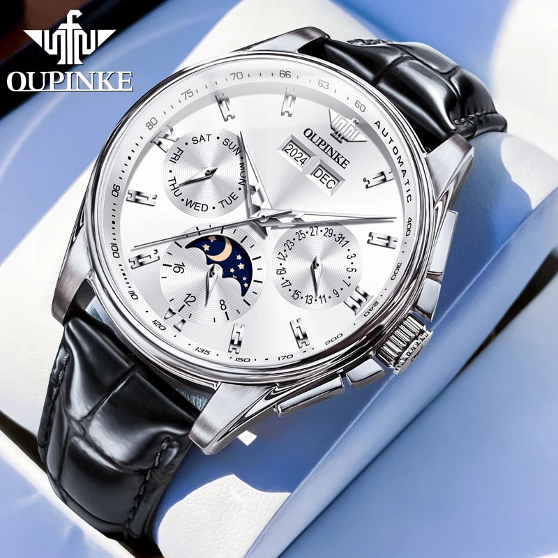 OUPINKE 3189 Classic Men's Watch Leather Strap Waterproof Moon phase Top Brand Automatic Mechanical Men's Wristwatch
