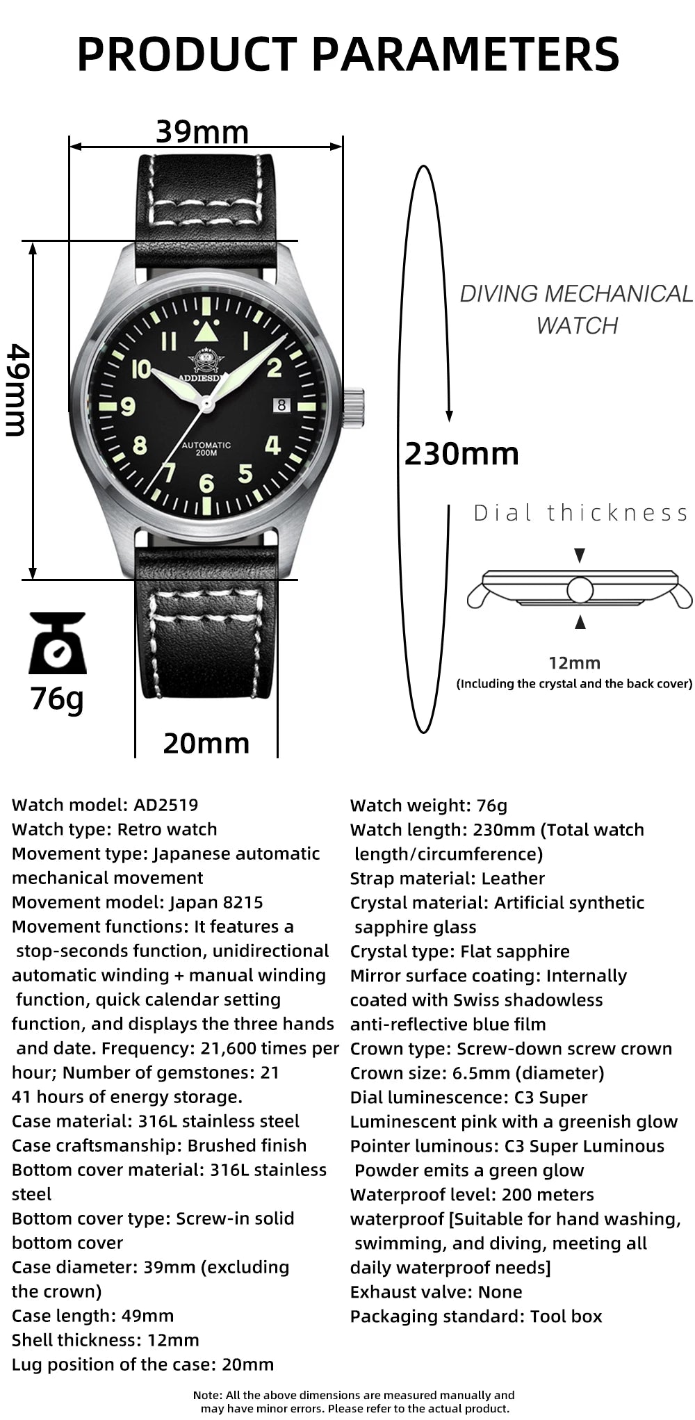 ADDIESDIVE Watches For Men C3 Super Luminous 200m Waterproof  Japan 8215 316L Stainless Reloj Hombre Automatic Mechanical Watch