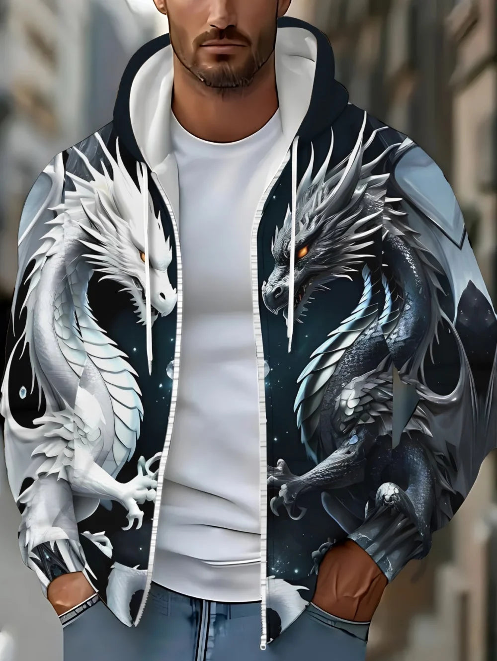 Herren-Kapuzenhoodie mit Drachenprint und Reißverschluss, für Outdoor-Aktivitäten und Reisen, mit Kordelzug, langärmelig, Herbst/Winter, Oversize-Sweatshirt für Männer