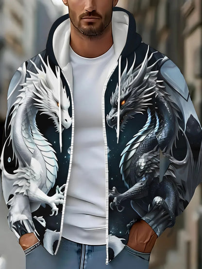 Herren-Kapuzenhoodie mit Drachenprint und Reißverschluss, für Outdoor-Aktivitäten und Reisen, mit Kordelzug, langärmelig, Herbst/Winter, Oversize-Sweatshirt für Männer