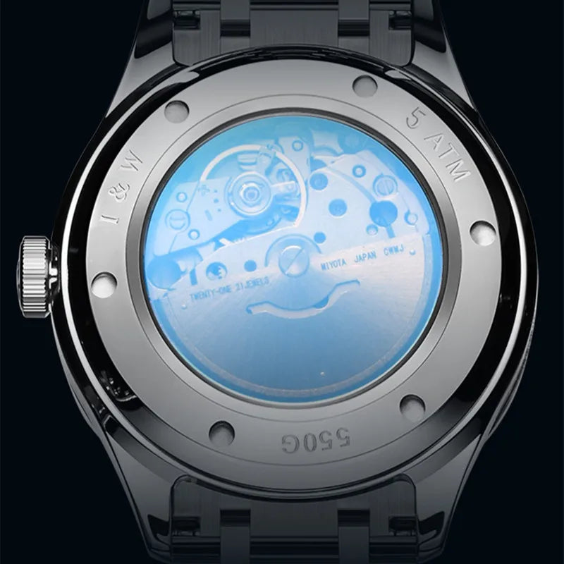 Luxe mechanisch herenhorloge Reloj CARNIVAL van wolfraam, automatisch uurwerk MIYOTA 8205, waterdicht.