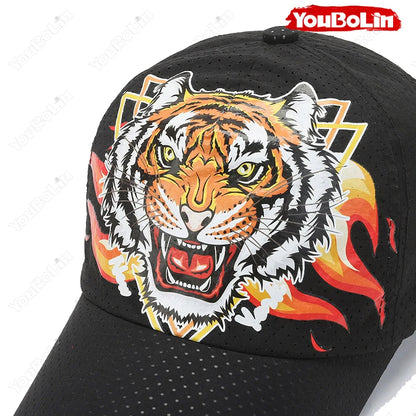 Outdoor Tiger Face Baseball Cap, Summer Quick-Dry Fabric, Mesh & Perforated Design, Ethnic Print Sun Protection Hat