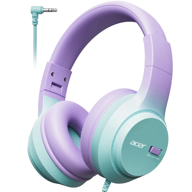 Casque audio pour enfants Acer avec limiteur de volume 74/85/94 dB, pliable, filaire, circum-auriculaire, pour tout-petits, pour l'école, l'iPad, la tablette