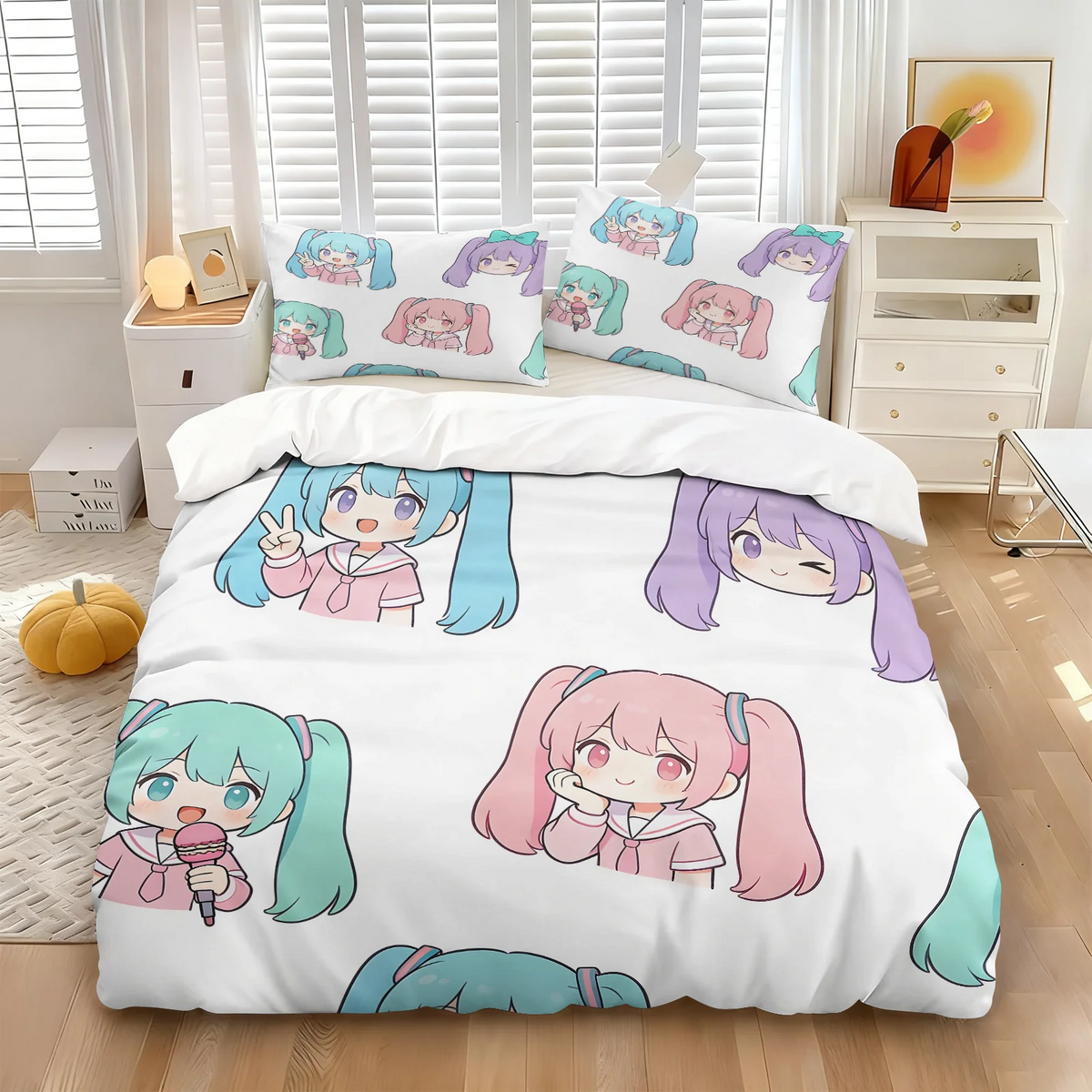 Komplet posteljnine Hatsune Miku v slogu chibi – simpatična anime posteljnina z vzglavniki za igralno sobo, dekoracija za otroško in najstniško spalnico, darilo za oboževalce