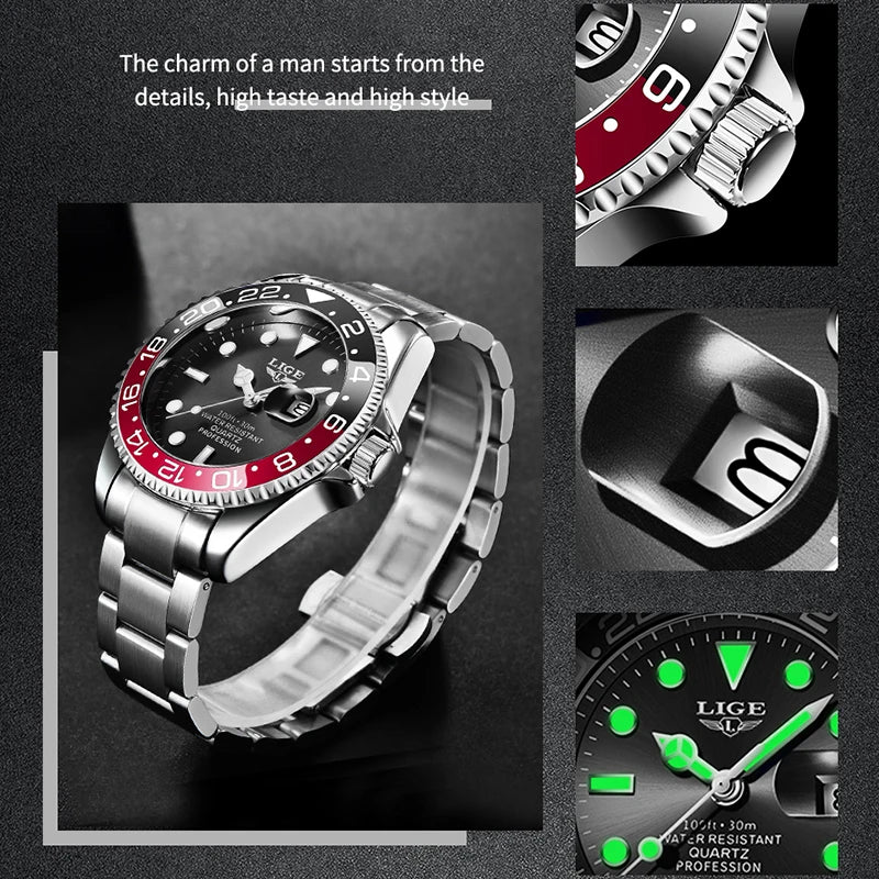 LIGE Fashion Business Watch Men 3ATM Waterproof Luminous Wristwatch Men Clock Top Brand Luxury Sports Quartz Diving Chronograph