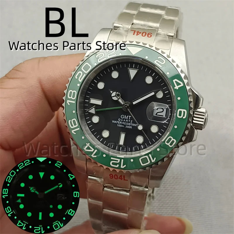 BLIGER 40mm 515 24H GMT Men's Watch Stainless Steel Clasp Luminous Quartz Movement Ceramic Bezel 10Bar Waterproof Sapphire Glass