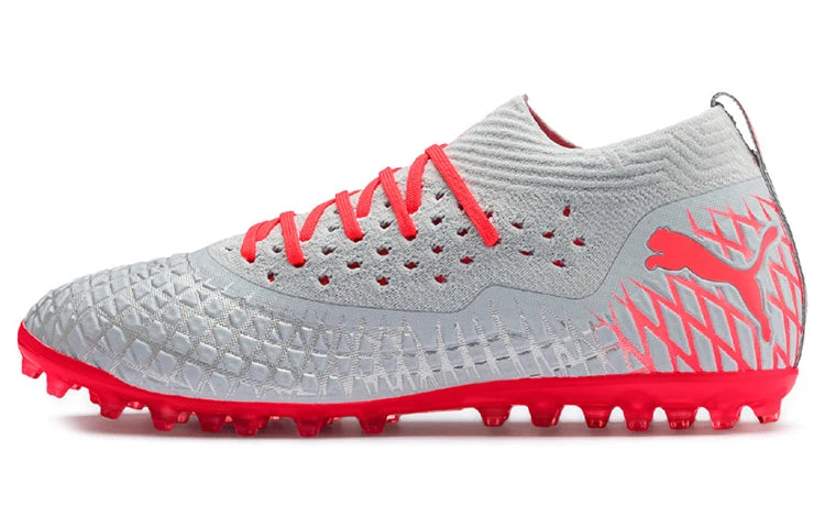 Chaussures de football Puma Future 4.2 Netfit, bout rond, à lacets, multi-sol, basses, MG, grises et rouges, 105681-01