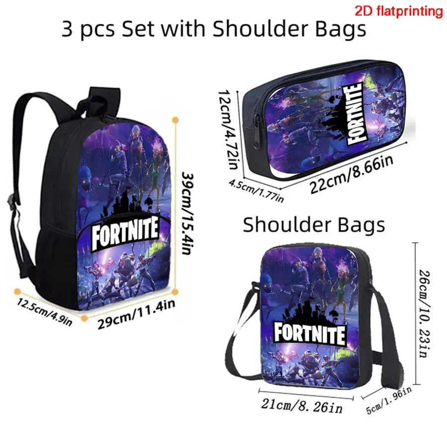 FORTNITE 3Pcs Lightweight Backpack With Front Pocket,Crossbody Bag&Pencil Case For Age 6-10 Boys Girls,Free 3D Printed Keychain
