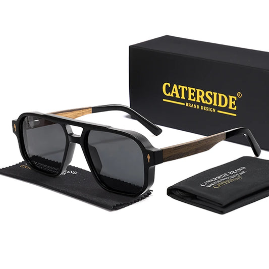 CATERSIDE Fashion Men Polarized Sunglasses Retro Luxury Brand Design Solid Wood Temple Sun Glasses Women Driving Party Glasses