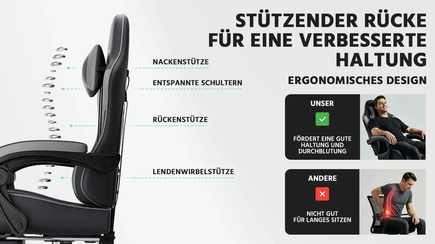 Black-Grey Ergonomic Gaming Chair, Lumbar Support, Breathable PU Leather, Adjustable Height & Backrest, 200kg for Office & PC