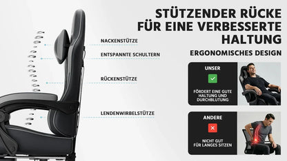 Black-Grey Ergonomic Gaming Chair, Lumbar Support, Breathable PU Leather, Adjustable Height & Backrest, 200kg for Office & PC