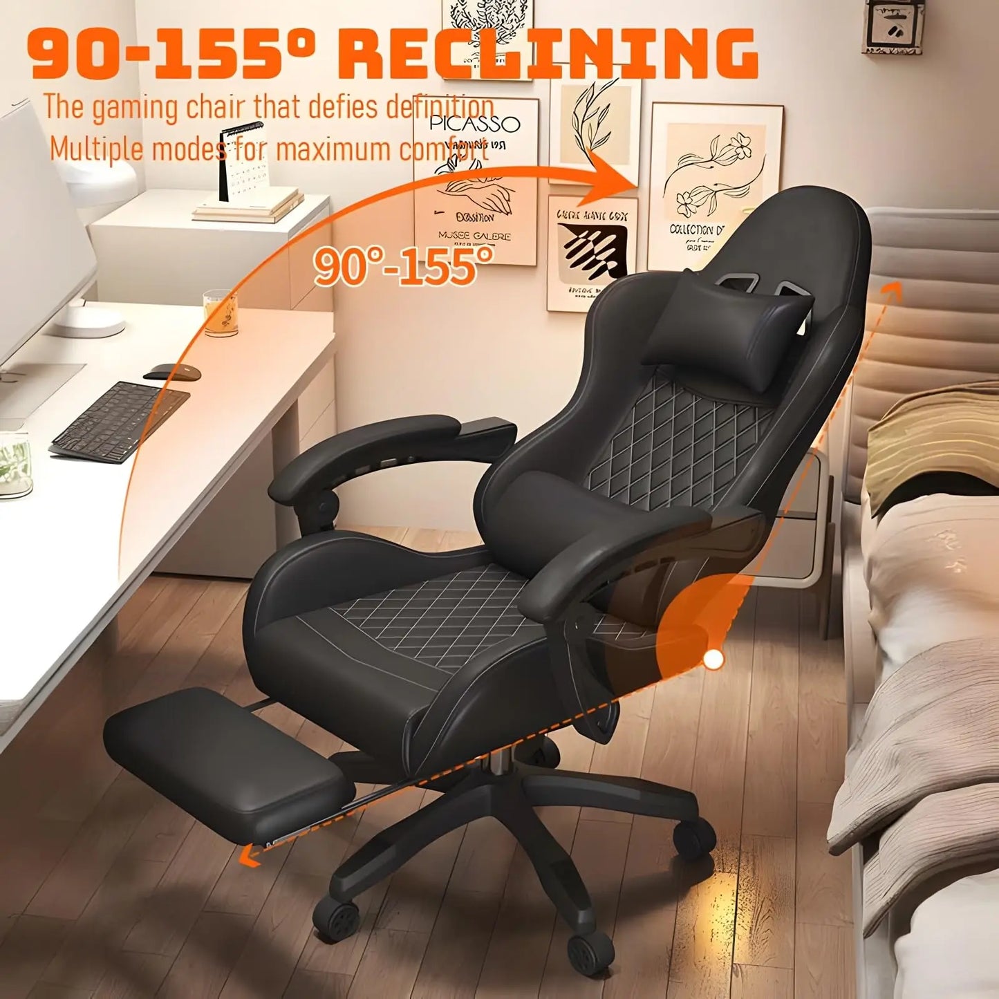 Hestora PU-Leder-Gaming-Stuhl für große und kräftige Personen, ergonomischer Computerstuhl mit hoher Rückenlehne, Fußstütze, Massagefunktion und Lordosenstütze für Erwachsene