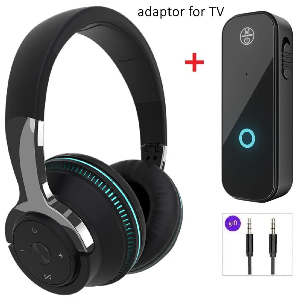 Casque Bluetooth sans fil avec micro, adaptateur USB, suppression du bruit, stéréo, pliable, basses puissantes pour TV