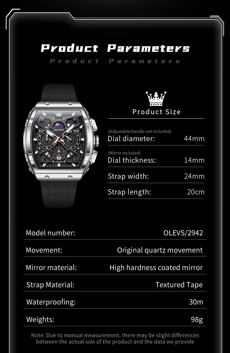 OLEVS 2942 Mens Watch Quartz Watch Multifunctional Chronograph Watches For Men 30M Waterproof Luminous Moon Phase Box Original