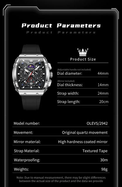 OLEVS 2942 Mens Watch Quartz Watch Multifunctional Chronograph Watches For Men 30M Waterproof Luminous Moon Phase Box Original