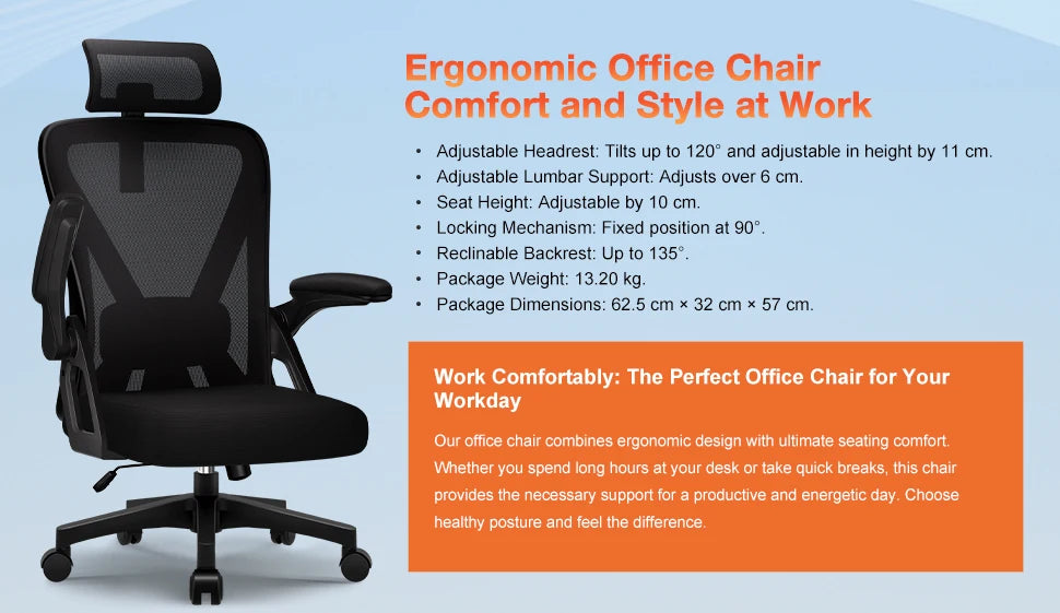 Ergonomic Office Chair with Adjustable Lumbar Support, Reclining Computer Desk Chair 90°-135°, Adjustable Headrest & Flip-Up Armrests