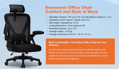 Ergonomic Office Chair with Adjustable Lumbar Support, Reclining Computer Desk Chair 90°-135°, Adjustable Headrest & Flip-Up Armrests