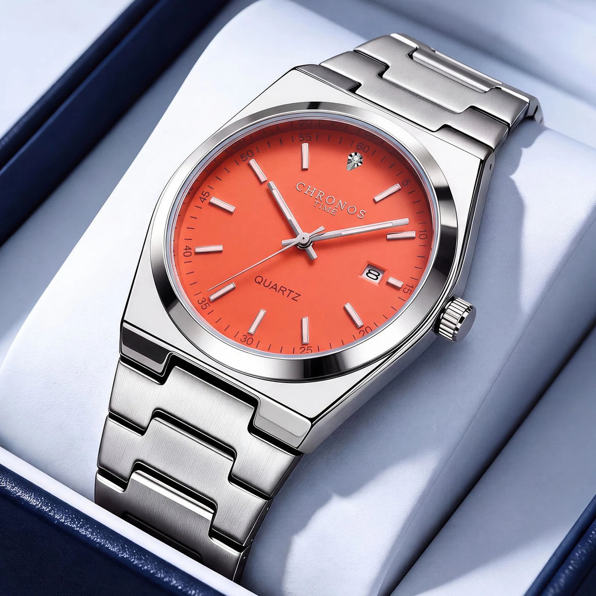 Reloj de cuarzo para hombre CHRONOS: correa de acero inoxidable, resistente al agua, agujas luminiscentes, indicador de fecha. Ideal para el trabajo, el deporte o el día a día.