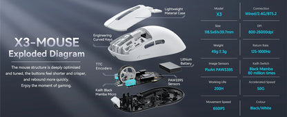 ATTACK SHARK X3 vezeték nélküli gaming egér, 49g ergonomikus PC egér, három üzemmód, PAW3395 26K DPI optikai érzékelő, programozható gombok