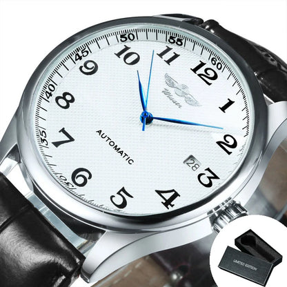 Herrenuhr WINNER – Klassischer, retro-eleganter Stil – Mechanische Automatikuhr mit Kalender – Luxusmarke, Edelstahlgehäuse und Lederarmband