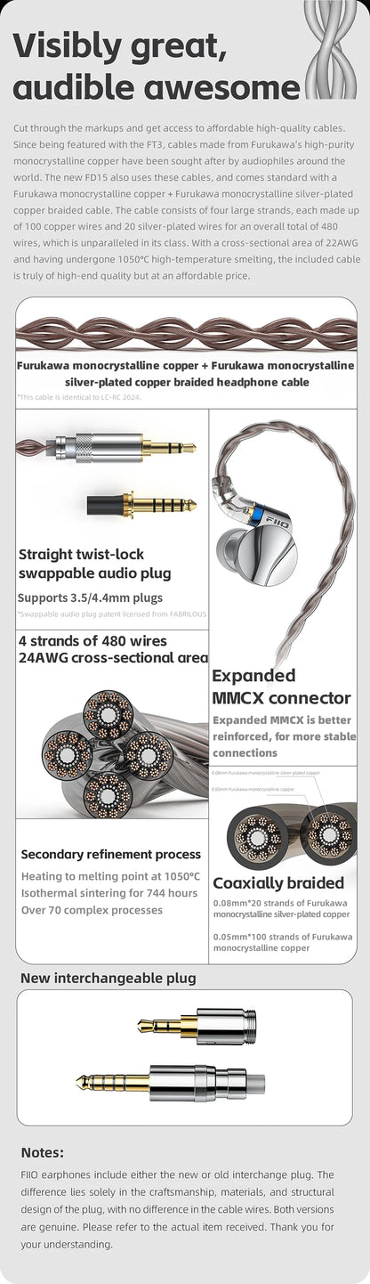 FiiO FD15 Hi-Res Dynamic Driver In-Ear Earphones, 13.8mm DLC Wired HiFi Earbuds with Magnalium Driver, MMCX Detachable Cable, Audiophile In-Ear Monitors