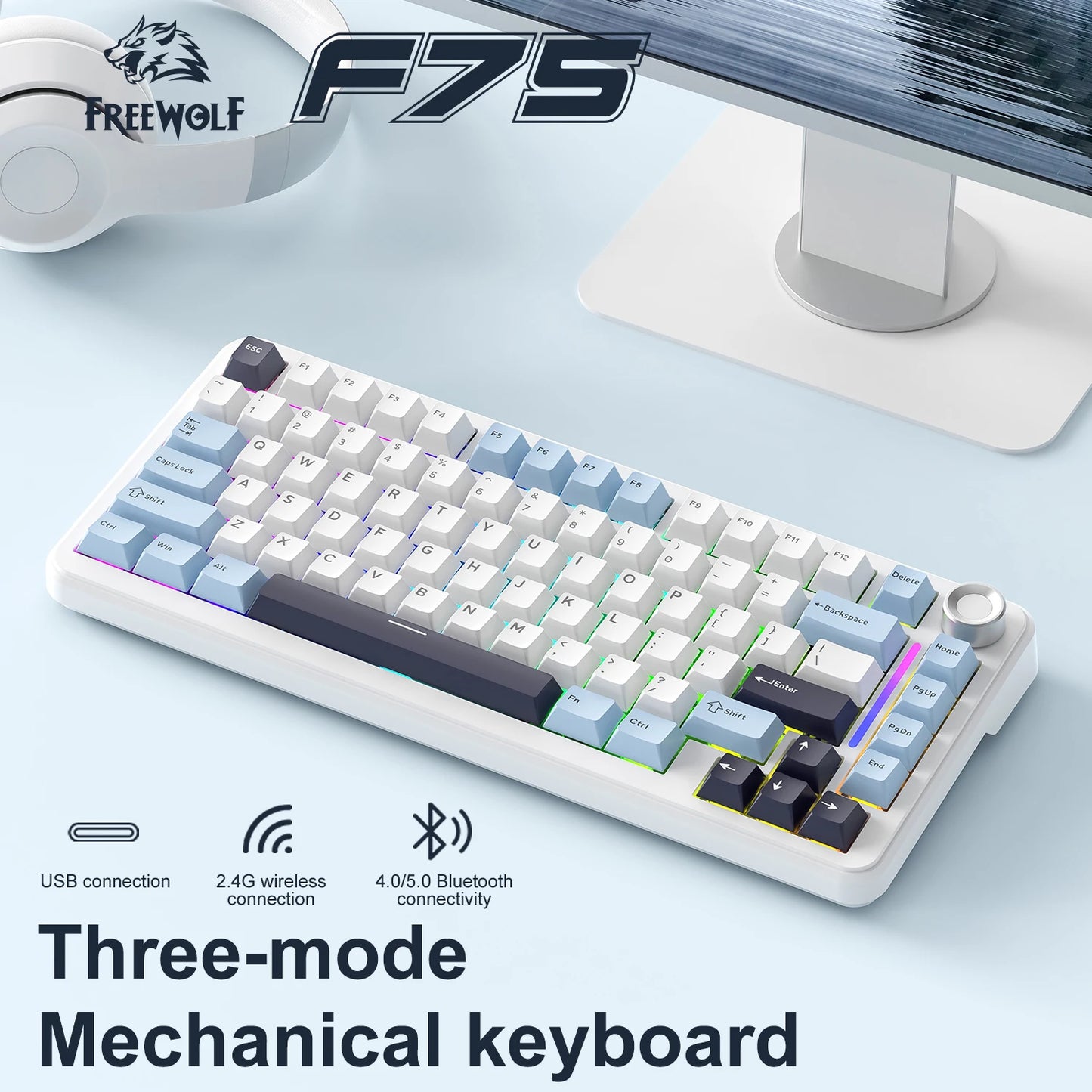F75 Mechanical Keyboard FREEWOLF * AULA F75 Bluetooth Three-mode Keyboard,Dedicated for Gaming and Office Use