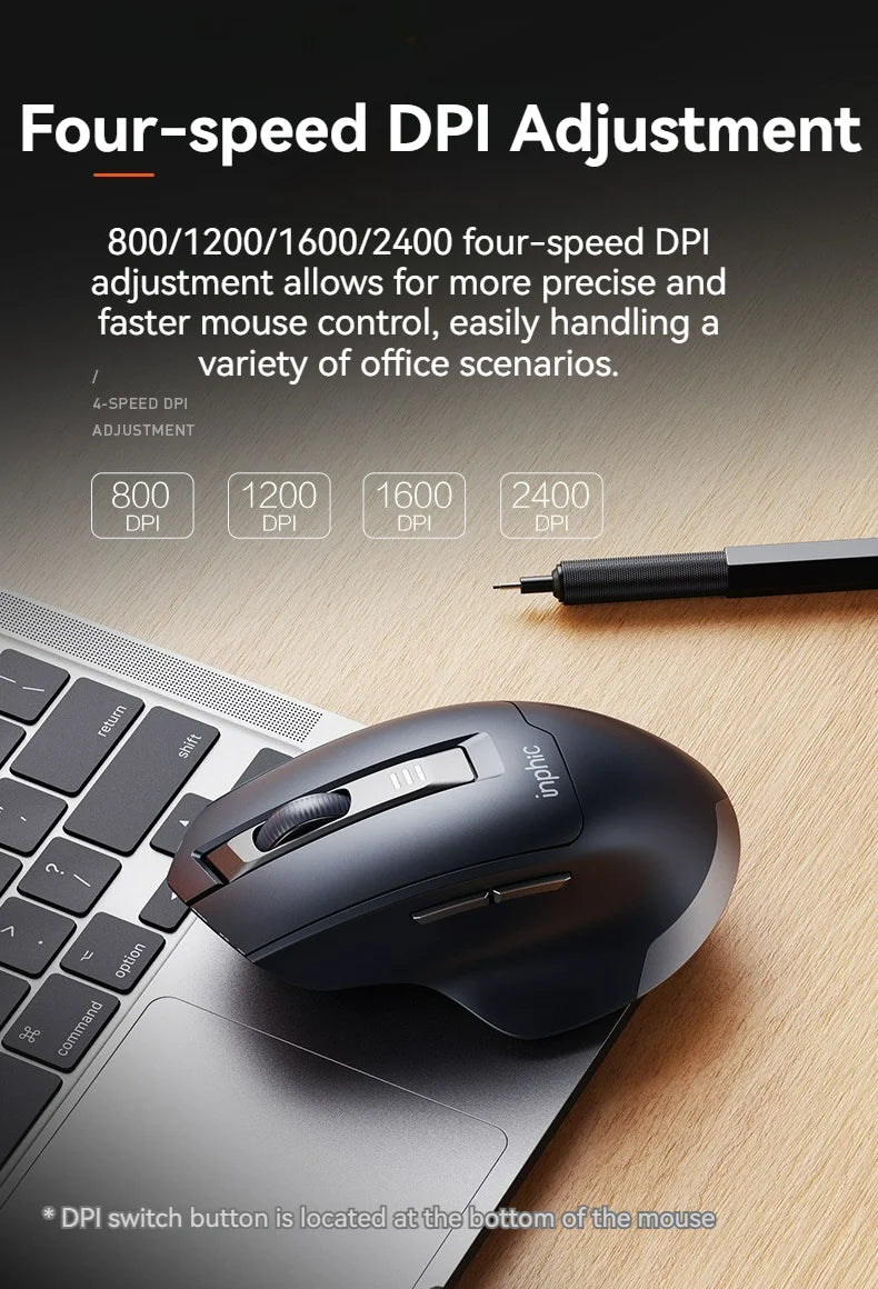 Brezžična miška Inphic M9 z 2.4G USB-sprejemnikom, polnilna prek Type-C, tihimi gumbi, prikazom napolnjenosti in ergonomsko zasnovo – univerzalna pisarniška miška