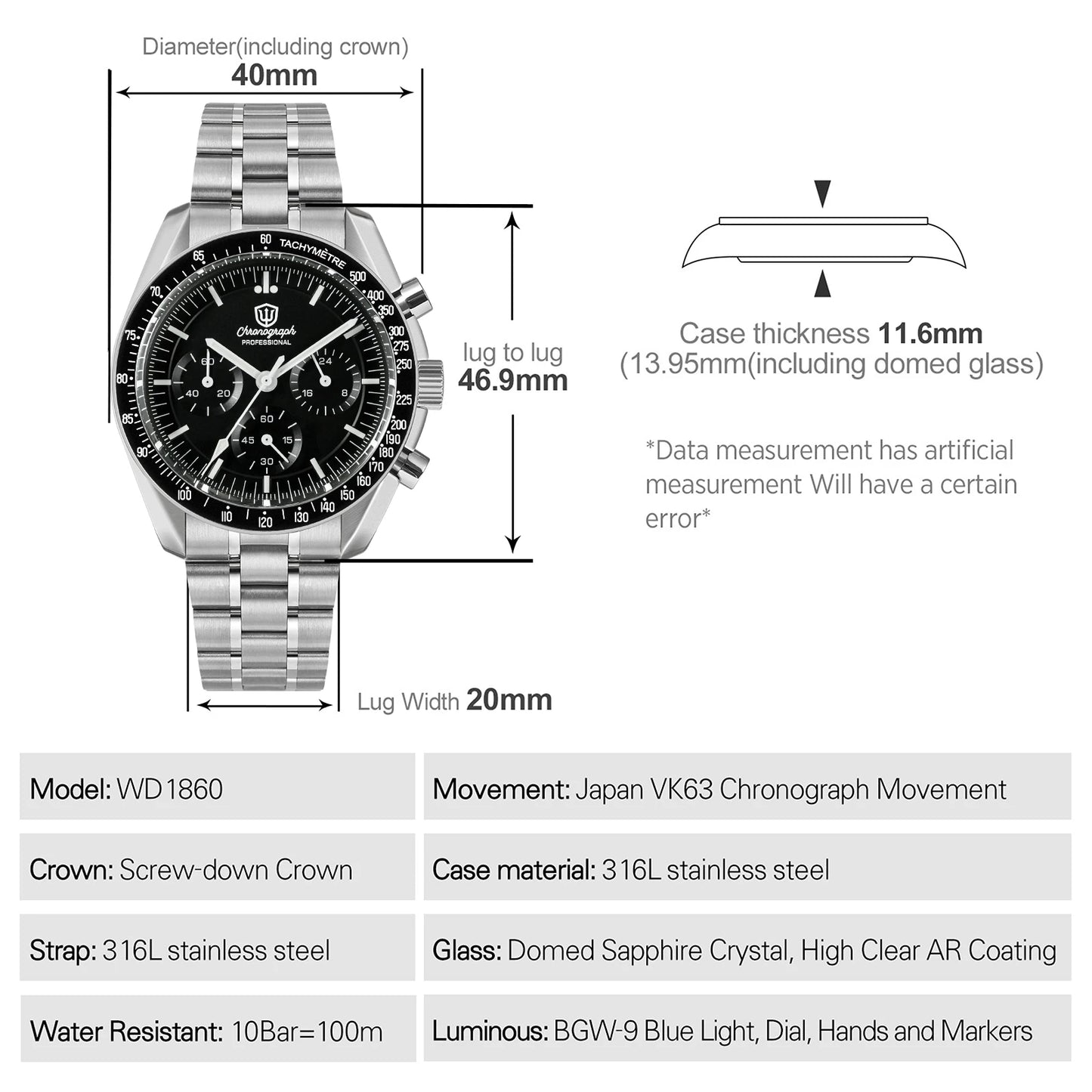 Watchdives WD1860 Watch VK63 Chronological Movement Stainless Steel Watch Sapphire AR Coating Night Light Retro Watches