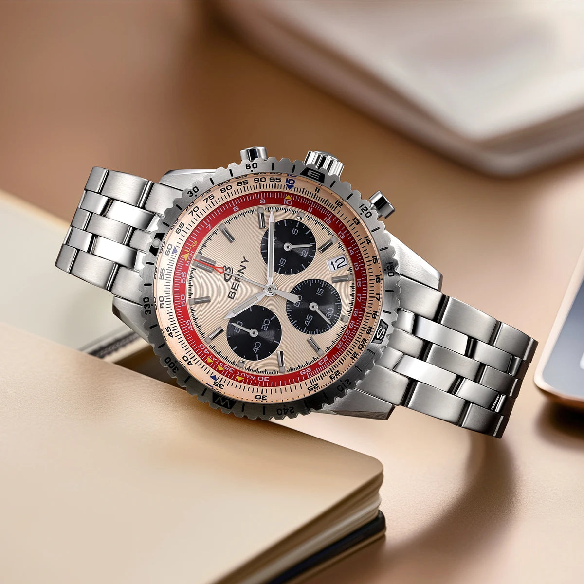BERNY Chronograph Watches for Men Aviation Multifunction Quartz Men's Watch Date Sapphire Super Luminous Luxury Wristwatch