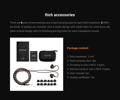 KEFINE Delci 10mm DLC+PU Diaphragm Dynamic Driver Hifi Wired IEM Earphones with CNC Metal & Detachable 0.78mm 2pin 3.5mm Cable