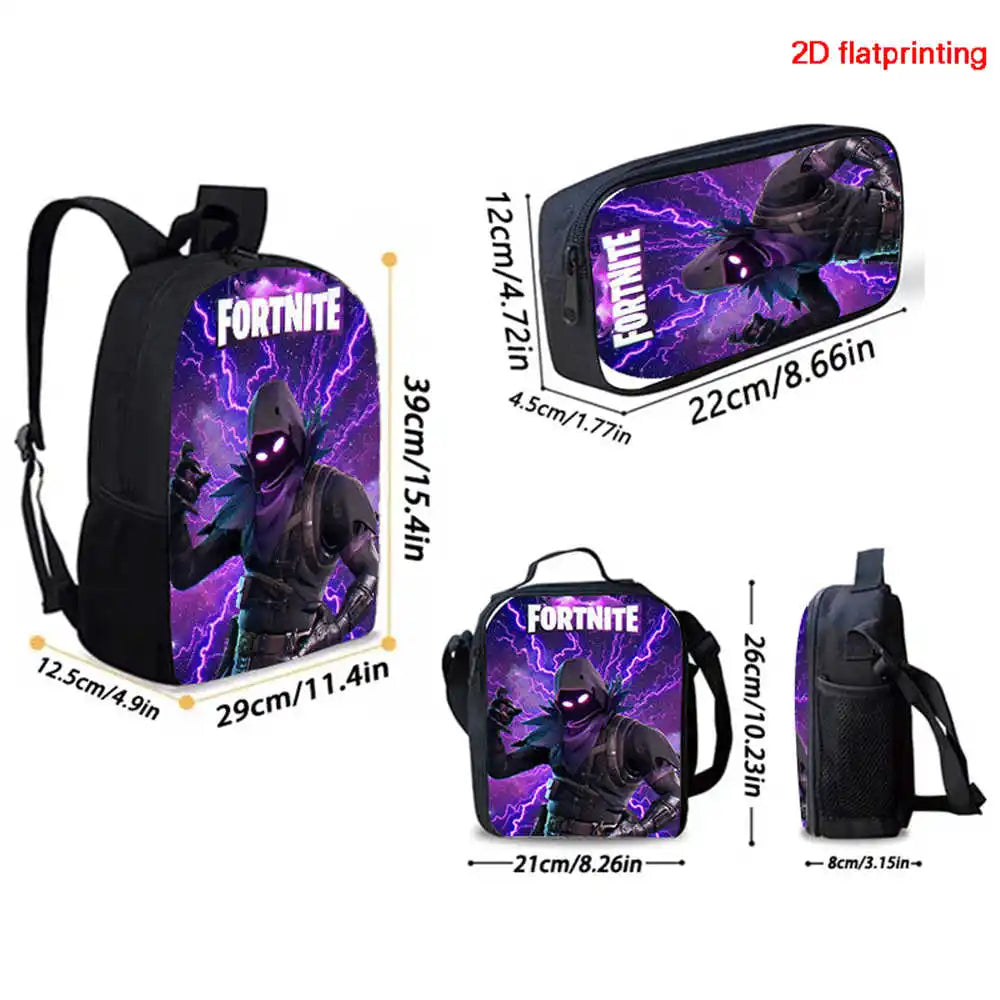 Cute Cartoon  3pcs Set School Backpack with Lunch Bag Pencil Case , Large Anime Fortnite Kids School Bags For Boys and Girls