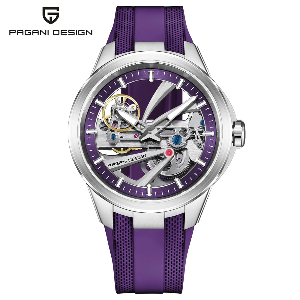 PAGANI DESIGN -miestenkello – Mekaaninen automaattinen luksusmalli, ”skelettityyppinen” (avoin rakenne), varustettu tourbillon-mekanismilla, heijastamattomalla safiirilasilla, vesitiivis ja valoa heijastava.