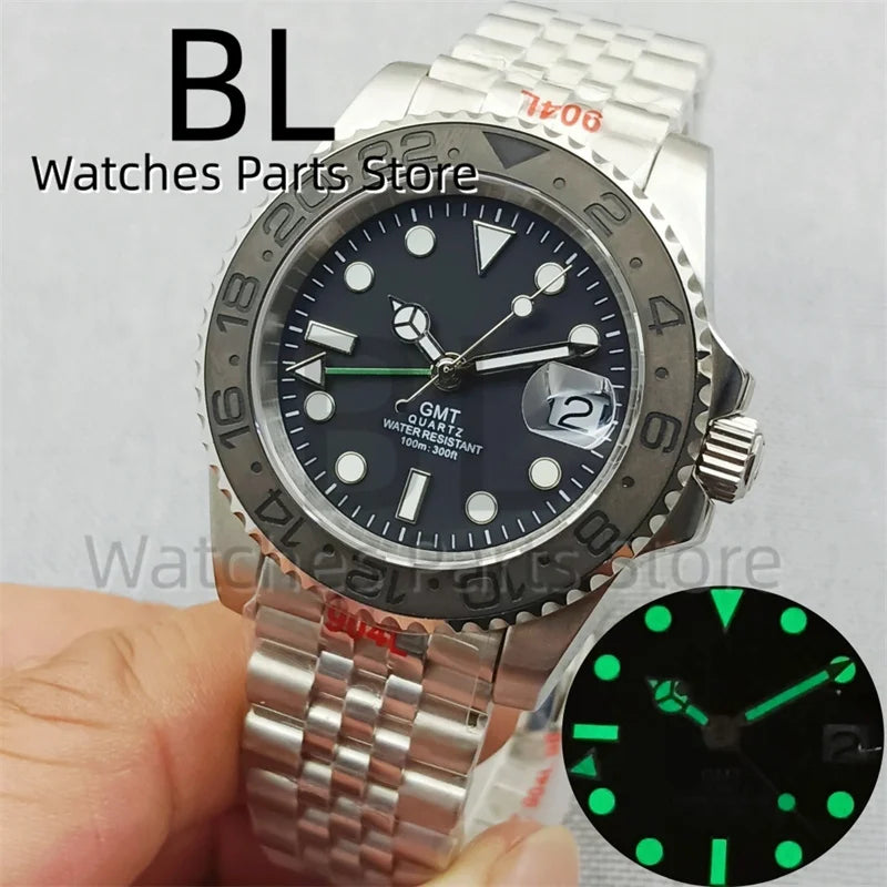 BLIGER 40mm 515 24H GMT Men's Watch Stainless Steel Clasp Luminous Quartz Movement Ceramic Bezel 10Bar Waterproof Sapphire Glass
