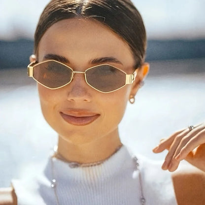 Fashion Hexagon Sunglasses for Women Retro Gold Frame Beach Vacation Travel Driving Glasses