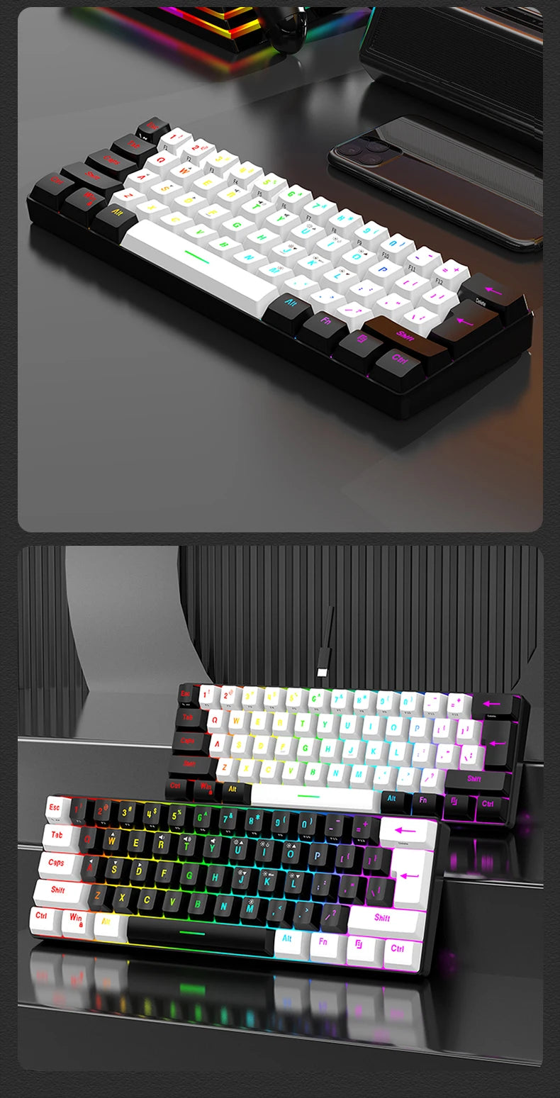 Tastiera meccanica cablata 61 tasti bianca, switch nero e blu, impermeabile, RGB illuminata, kit gaming e ufficio PUBG gamer retroilluminato