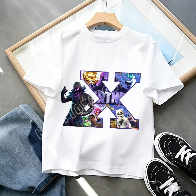 Тениска Fortnite A-Z Alphabet Print за деца, лятна бяла дреха, популярна тениска с анимационна игра, модерен ежедневен топ с къс ръкав, подарък