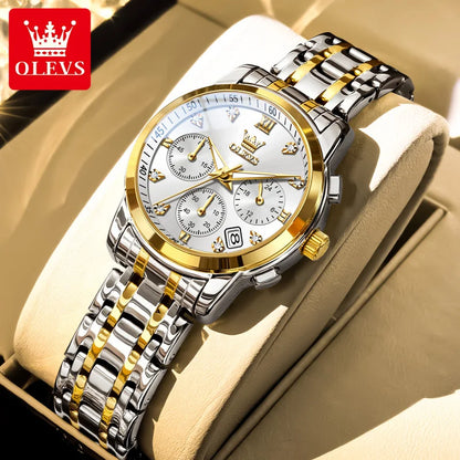 Ceas de damă OLEVS, marcă de lux, cu mecanism cu cuarț, rezistent la apă, luminat, cu dată, cronograf, brățară, ceas elegant cu diamante.