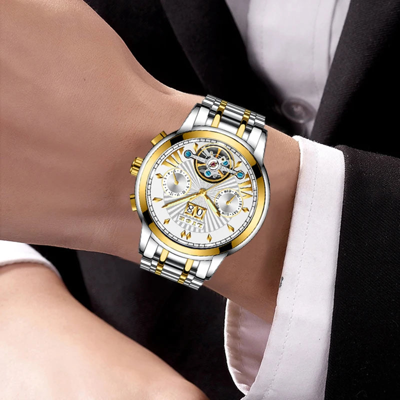 Montres-bracelets mécaniques automatiques pour hommes LIGE – Montre de luxe haut de gamme avec tourbillon, modèle élégant et étanche, idéal pour le travail ou les occasions formelles.
