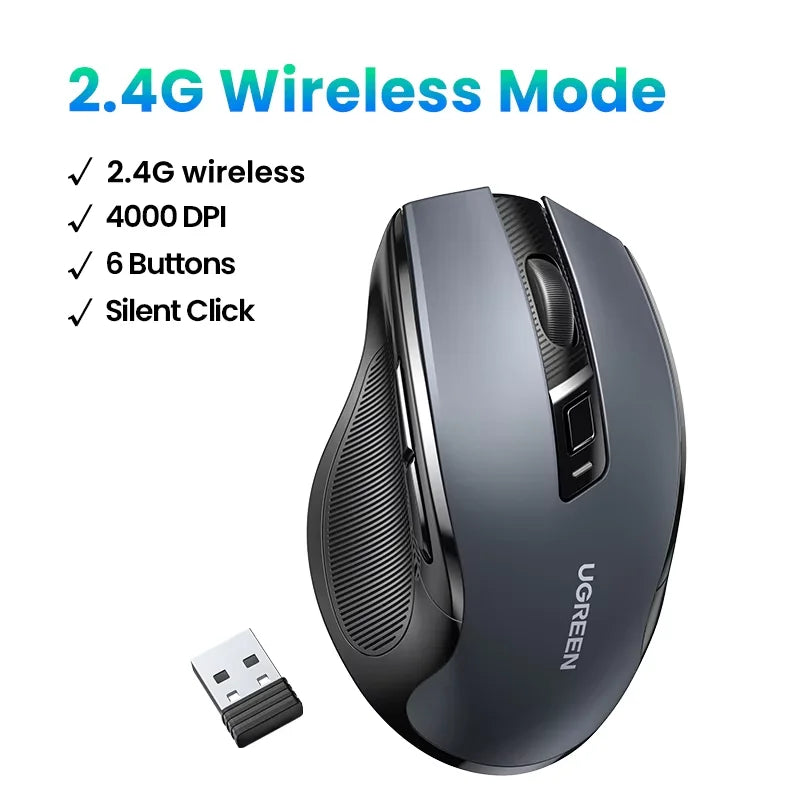 Bezdrátová myš UGREEN Bluetooth 5.0, ergonomická myš 4000 DPI se 6 tichými tlačítky pro MacBook, tablet, notebook, počítač PC, 2.4G myši