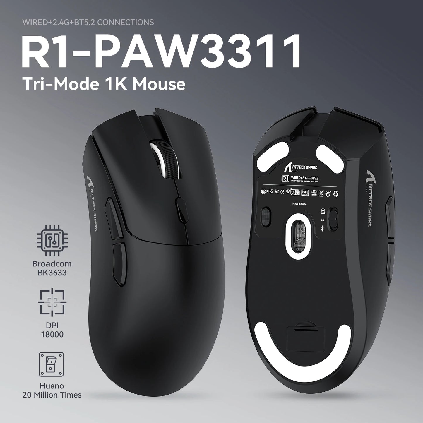 Ratón gaming trimodo ATTACK SHARK R1, sensor PixArt PAW3311, 18000 DPI, 1000hz, ultraligero de 59g para manos grandes, para PC/Mac