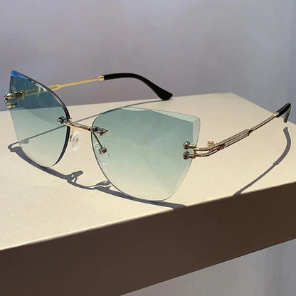 KLASSNUM Vintage Rimless Sunglasses Women Men Cat Eye Gradient Lens Sun Glasses UV400 Shades Protection Goggles for Party Xmas