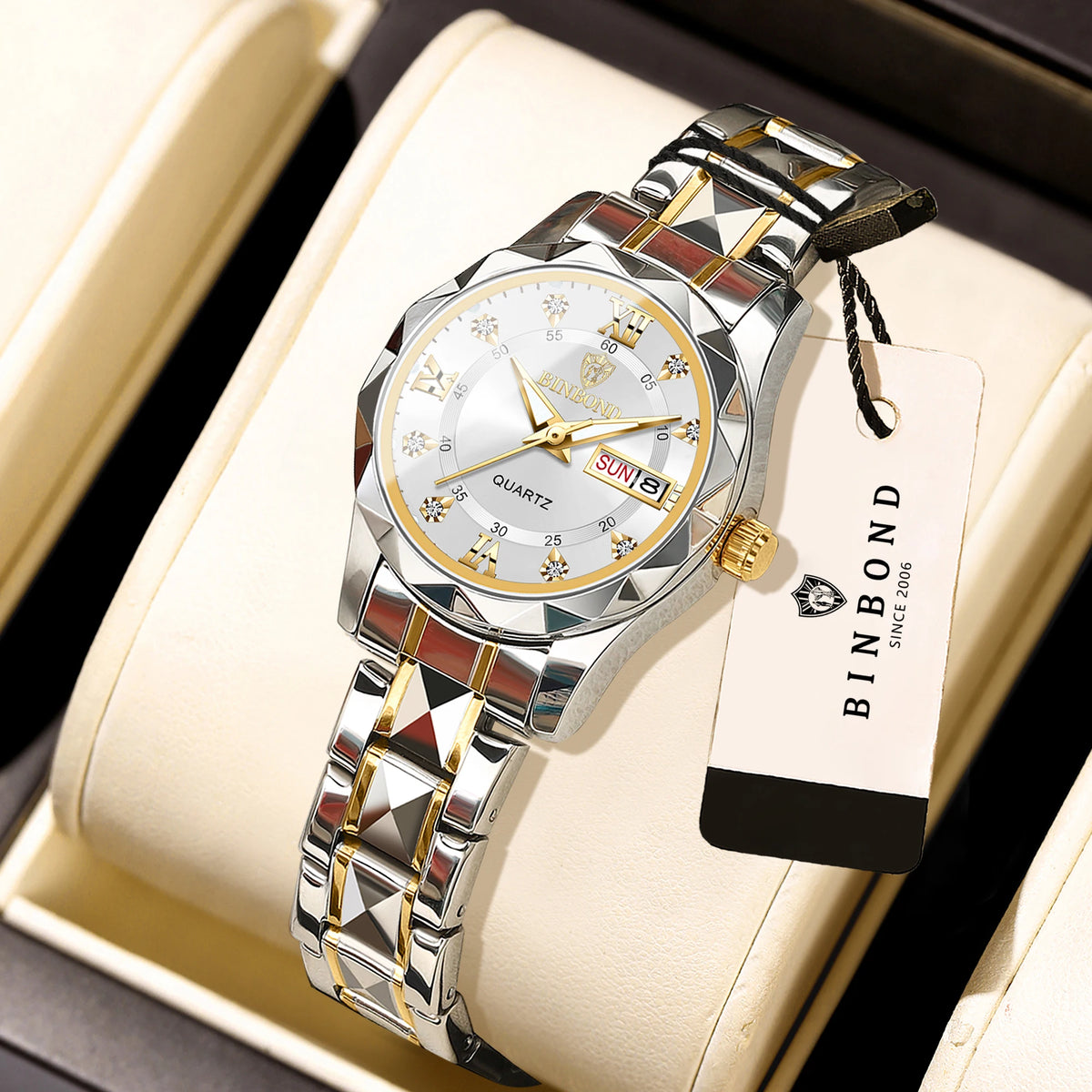 Montre pour femme BINBOND : montre à quartz robuste, luxueuse, luminescente et étanche, dotée d'un affichage précis de la date et du jour de la semaine.